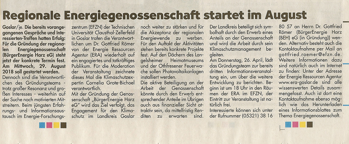 Pressebericht im Harzer Panorama vom 18. März 2018